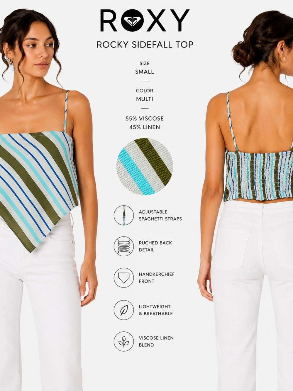 Roxy Multi-Stripe Handkerchief Camisole in Blue, Olive & White